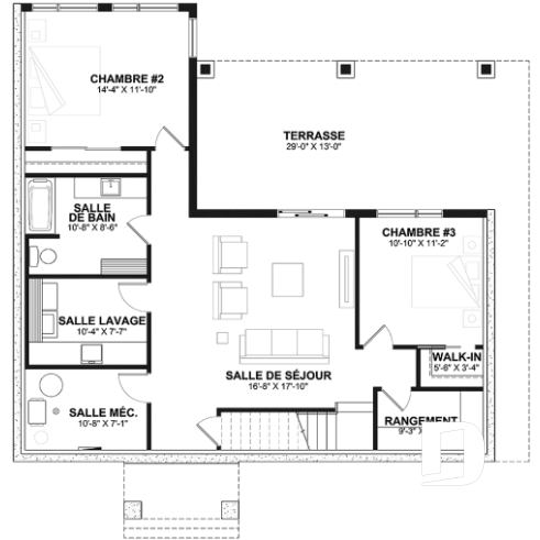 Sous-sol - Plan de maison ou chalet champêtre – rez-de-jardin, 3 chambres et 2 terrasses couvertes - Olympe 4