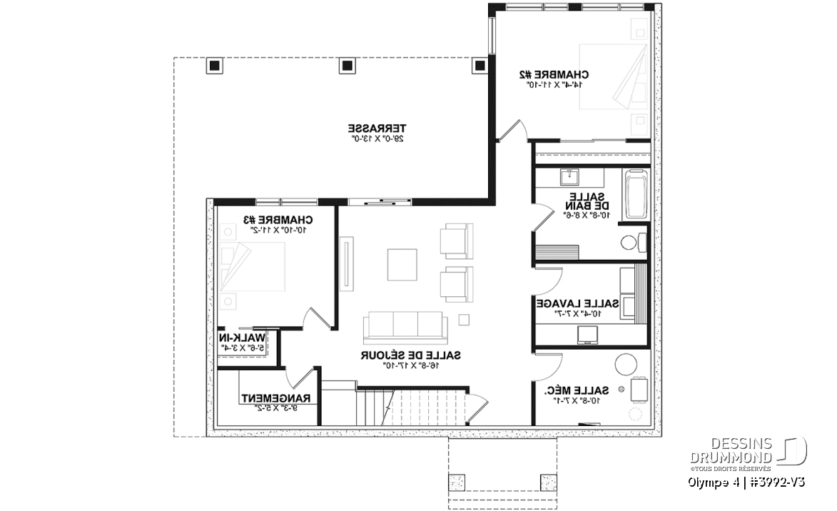 Sous-sol - Plan de maison ou chalet champêtre – rez-de-jardin, 3 chambres et 2 terrasses couvertes - Olympe 4