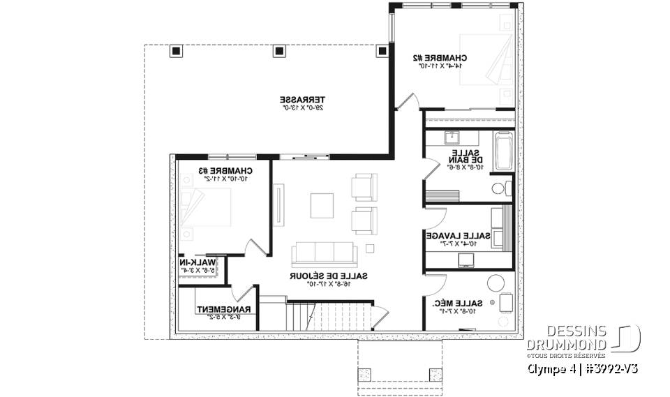 Sous-sol - Plan de maison ou chalet champêtre – rez-de-jardin, 3 chambres et 2 terrasses couvertes - Olympe 4