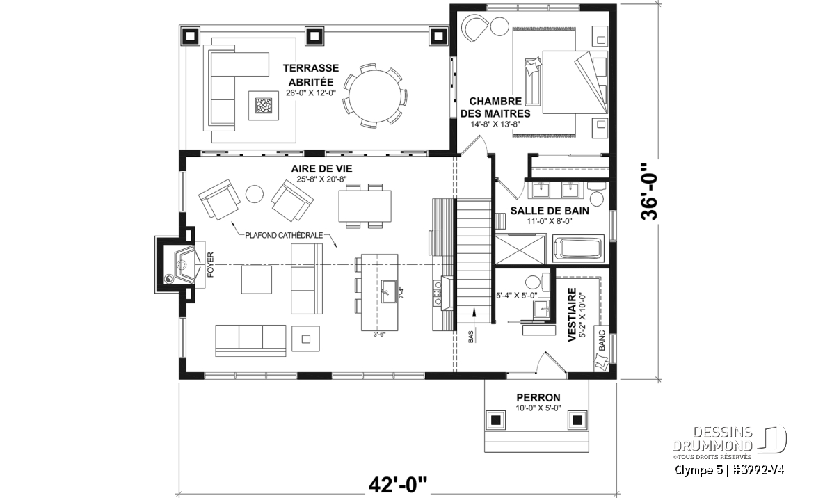 Rez-de-chaussée - Plan de farmhouse moderne avec 4 chambres, rez-de-jardin, plafond cathédral, deux grandes terrasses couvertes. - Olympe 5