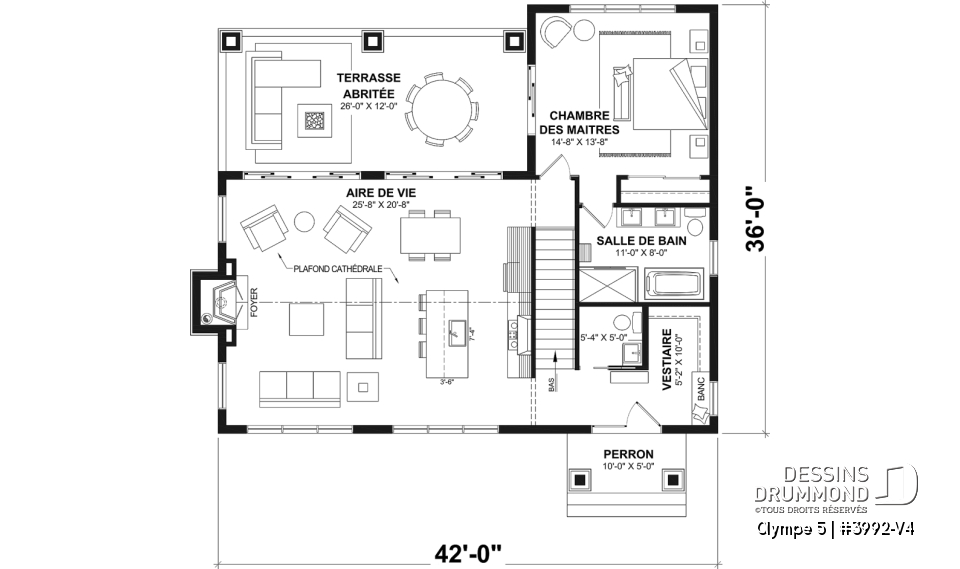 Rez-de-chaussée - Plan de farmhouse moderne avec 4 chambres, rez-de-jardin, plafond cathédral, deux grandes terrasses couvertes. - Olympe 5