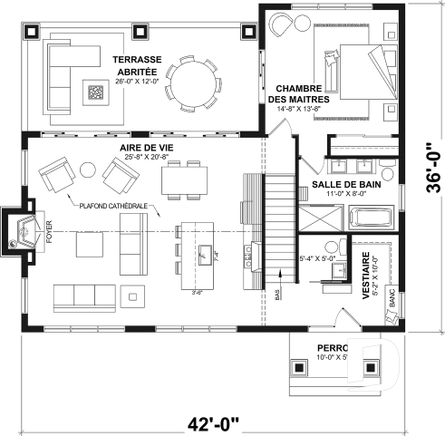 Rez-de-chaussée - Plan de farmhouse moderne avec 4 chambres, rez-de-jardin, plafond cathédral, deux grandes terrasses couvertes. - Olympe 5