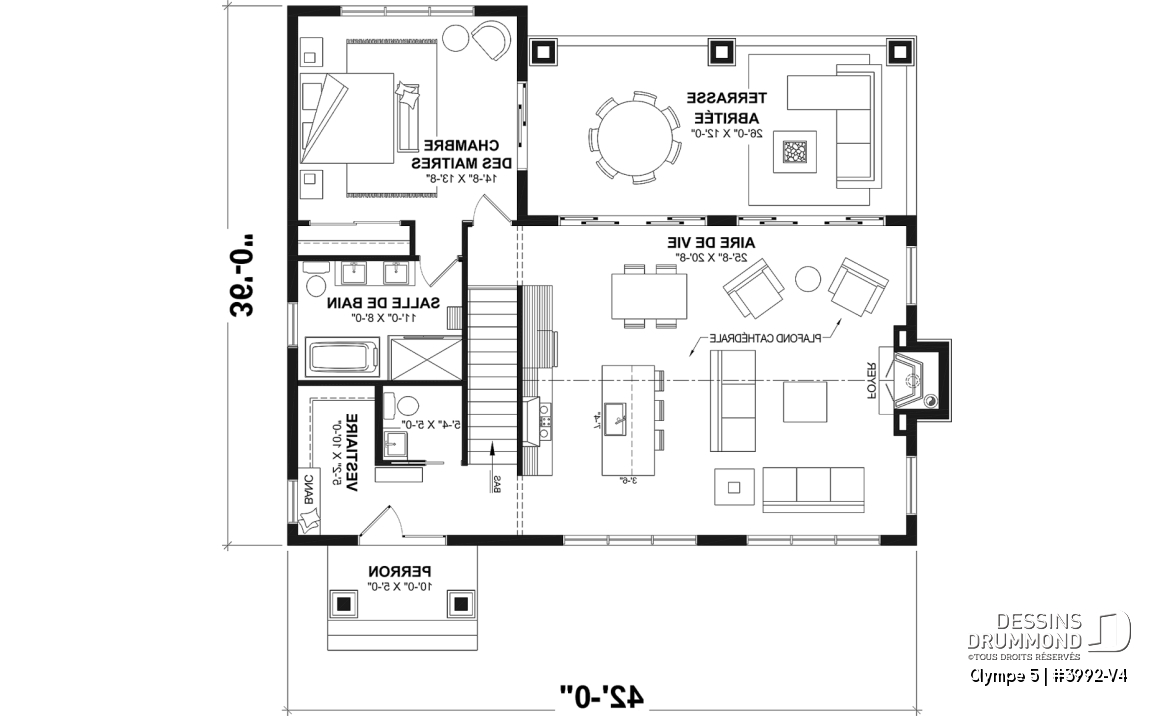 Rez-de-chaussée - Plan de farmhouse moderne avec 4 chambres, rez-de-jardin, plafond cathédral, deux grandes terrasses couvertes. - Olympe 5