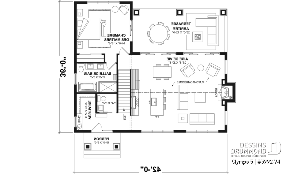 Rez-de-chaussée - Plan de farmhouse moderne avec 4 chambres, rez-de-jardin, plafond cathédral, deux grandes terrasses couvertes. - Olympe 5