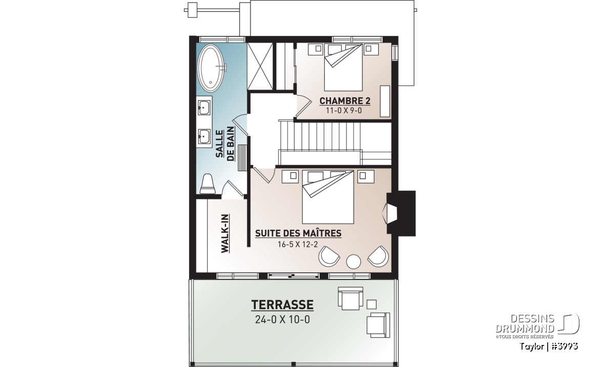 Étage - Plan chalet moderne, 2-3 chambres, chambre des parents avec terrasse et foyer, bureau, 2 foyers - Taylor