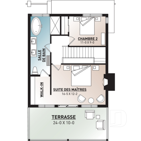 Étage - Plan chalet moderne, 2-3 chambres, chambre des parents avec terrasse et foyer, bureau, 2 foyers - Taylor