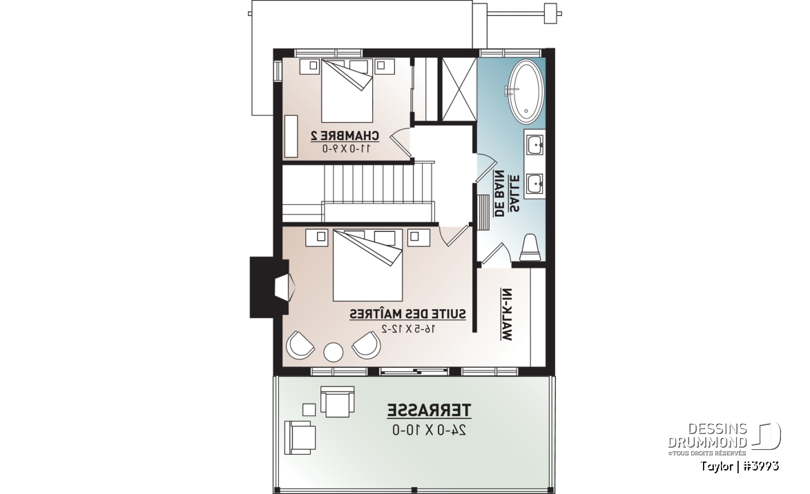 Étage - Plan chalet moderne, 2-3 chambres, chambre des parents avec terrasse et foyer, bureau, 2 foyers - Taylor