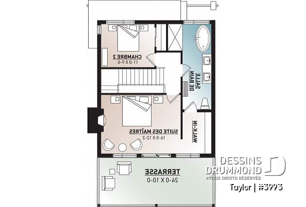 Étage - Plan chalet moderne, 2-3 chambres, chambre des parents avec terrasse et foyer, bureau, 2 foyers - Taylor