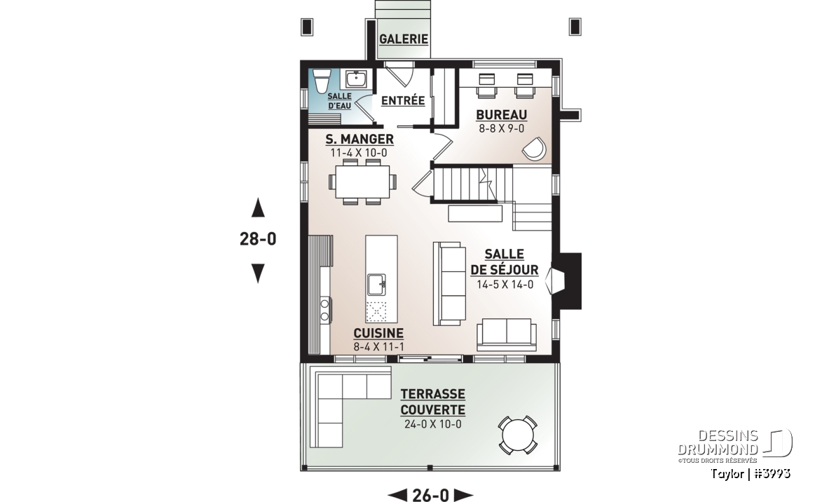 Rez-de-chaussée - Plan chalet moderne, 2-3 chambres, chambre des parents avec terrasse et foyer, bureau, 2 foyers - Taylor
