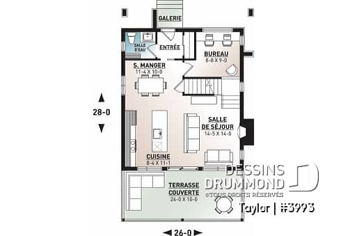 Rez-de-chaussée - Plan chalet moderne, 2-3 chambres, chambre des parents avec terrasse et foyer, bureau, 2 foyers - Taylor