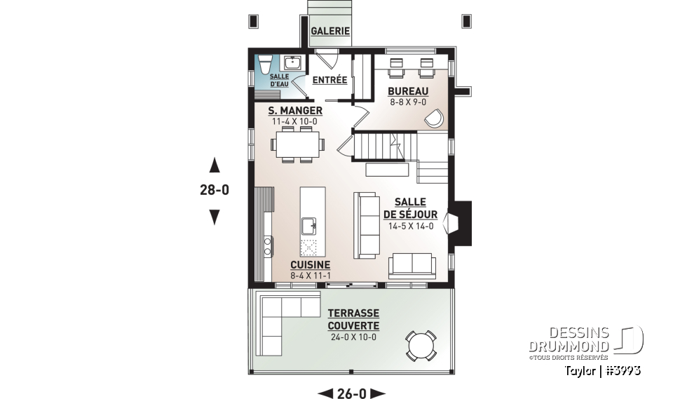 Rez-de-chaussée - Plan chalet moderne, 2-3 chambres, chambre des parents avec terrasse et foyer, bureau, 2 foyers - Taylor