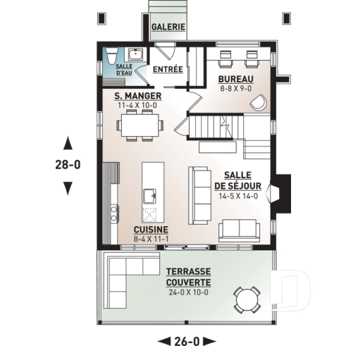 Rez-de-chaussée - Plan chalet moderne, 2-3 chambres, chambre des parents avec terrasse et foyer, bureau, 2 foyers - Taylor