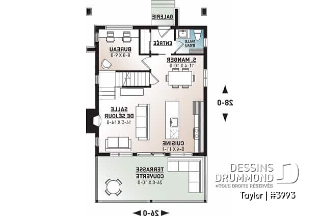 Rez-de-chaussée - Plan chalet moderne, 2-3 chambres, chambre des parents avec terrasse et foyer, bureau, 2 foyers - Taylor