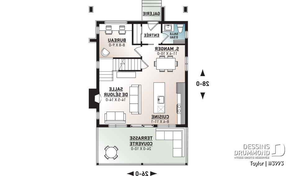 Rez-de-chaussée - Plan chalet moderne, 2-3 chambres, chambre des parents avec terrasse et foyer, bureau, 2 foyers - Taylor
