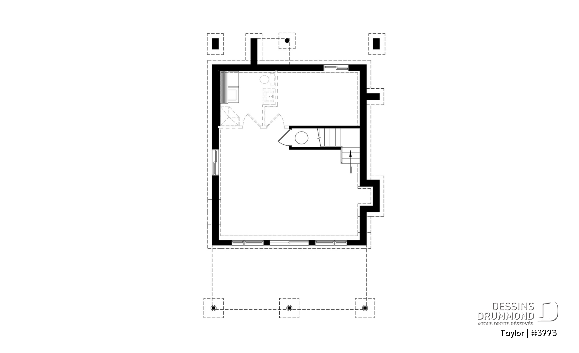 Sous-sol - Plan chalet moderne, 2-3 chambres, chambre des parents avec terrasse et foyer, bureau, 2 foyers - Taylor