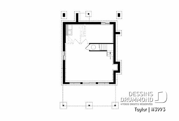 Sous-sol - Plan chalet moderne, 2-3 chambres, chambre des parents avec terrasse et foyer, bureau, 2 foyers - Taylor