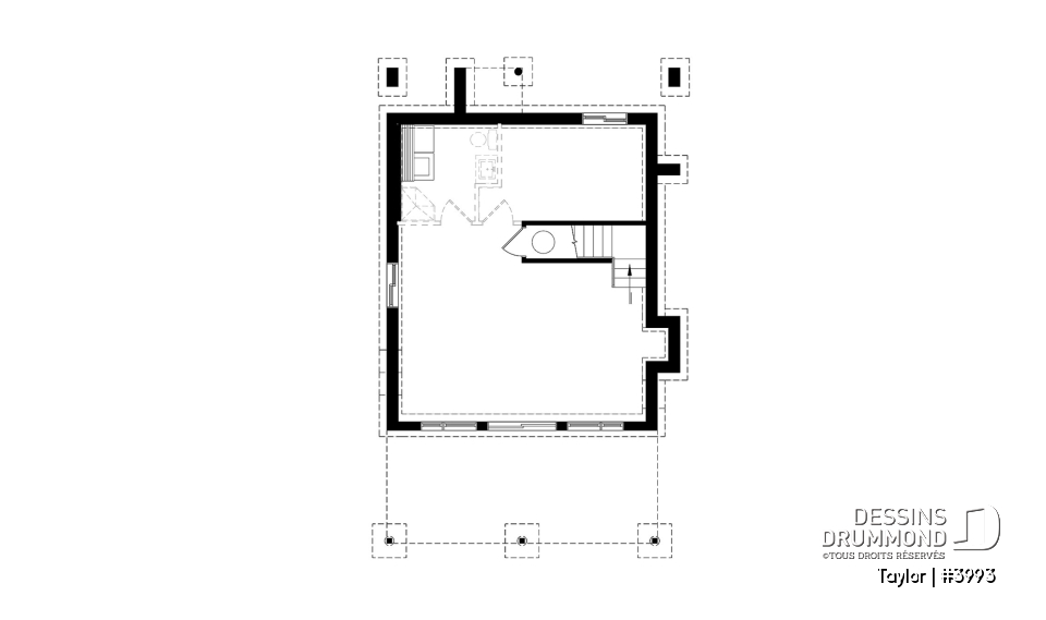 Sous-sol - Plan chalet moderne, 2-3 chambres, chambre des parents avec terrasse et foyer, bureau, 2 foyers - Taylor