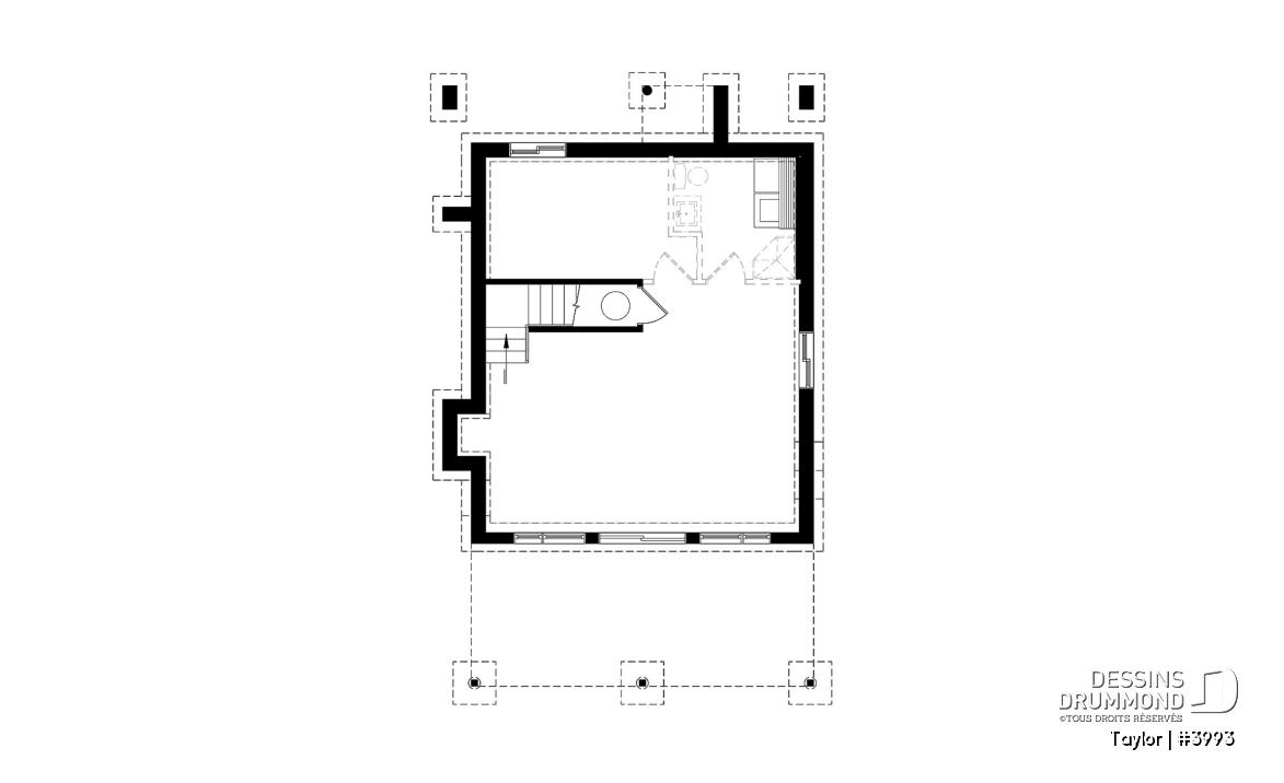 Sous-sol - Plan chalet moderne, 2-3 chambres, chambre des parents avec terrasse et foyer, bureau, 2 foyers - Taylor