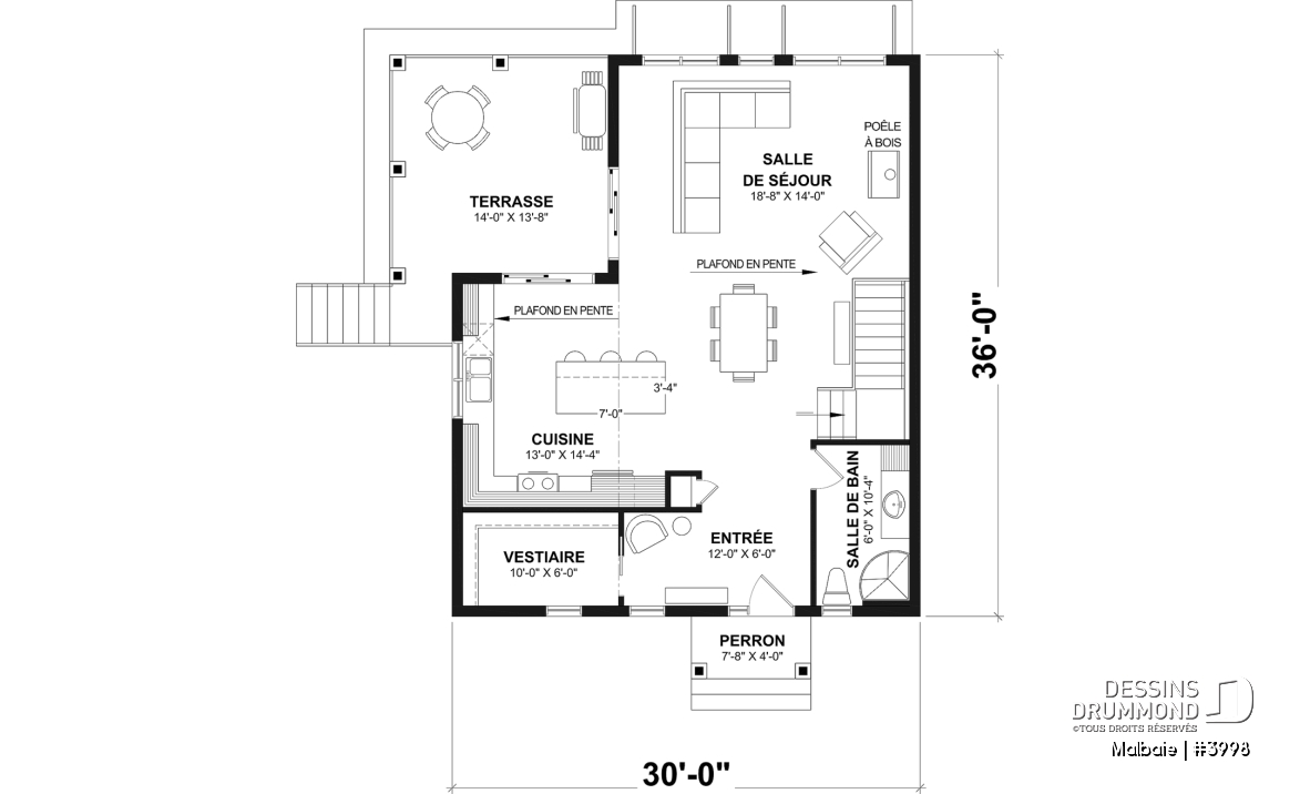 Rez-de-chaussée - Modèle genre chalet de ski, terrasse abritée, 3 chambres, 2 s. bain, aire ouverte, rangement pour ski - Malbaie
