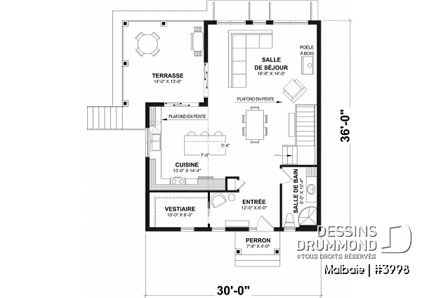 Rez-de-chaussée - Modèle genre chalet de ski, terrasse abritée, 3 chambres, 2 s. bain, aire ouverte, rangement pour ski - Malbaie