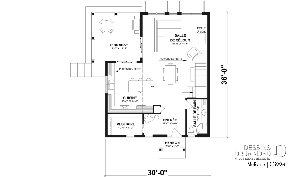 Rez-de-chaussée - Modèle genre chalet de ski, terrasse abritée, 3 chambres, 2 s. bain, aire ouverte, rangement pour ski - Malbaie