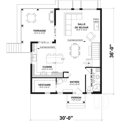 Rez-de-chaussée - Modèle genre chalet de ski, terrasse abritée, 3 chambres, 2 s. bain, aire ouverte, rangement pour ski - Malbaie
