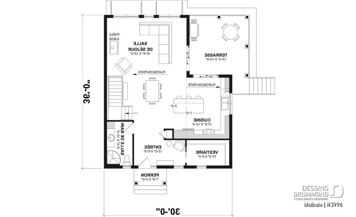 Rez-de-chaussée - Modèle genre chalet de ski, terrasse abritée, 3 chambres, 2 s. bain, aire ouverte, rangement pour ski - Malbaie