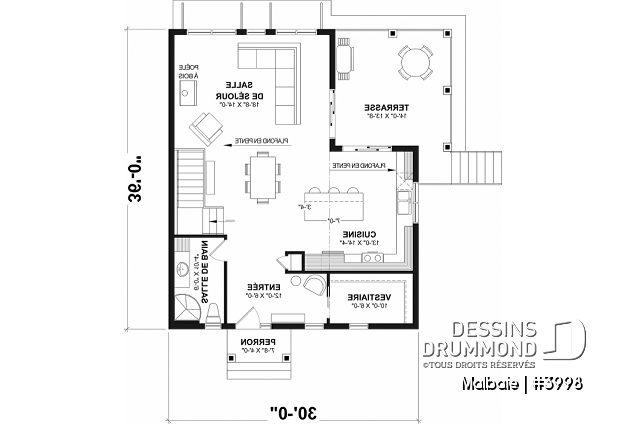 Rez-de-chaussée du plan de maison unifamiliale 3998 Rez-de-chaussée - Modèle genre chalet de ski, terrasse abritée, 3 chambres, 2 s. bain, aire ouverte, rangement pour ski - Malbaie