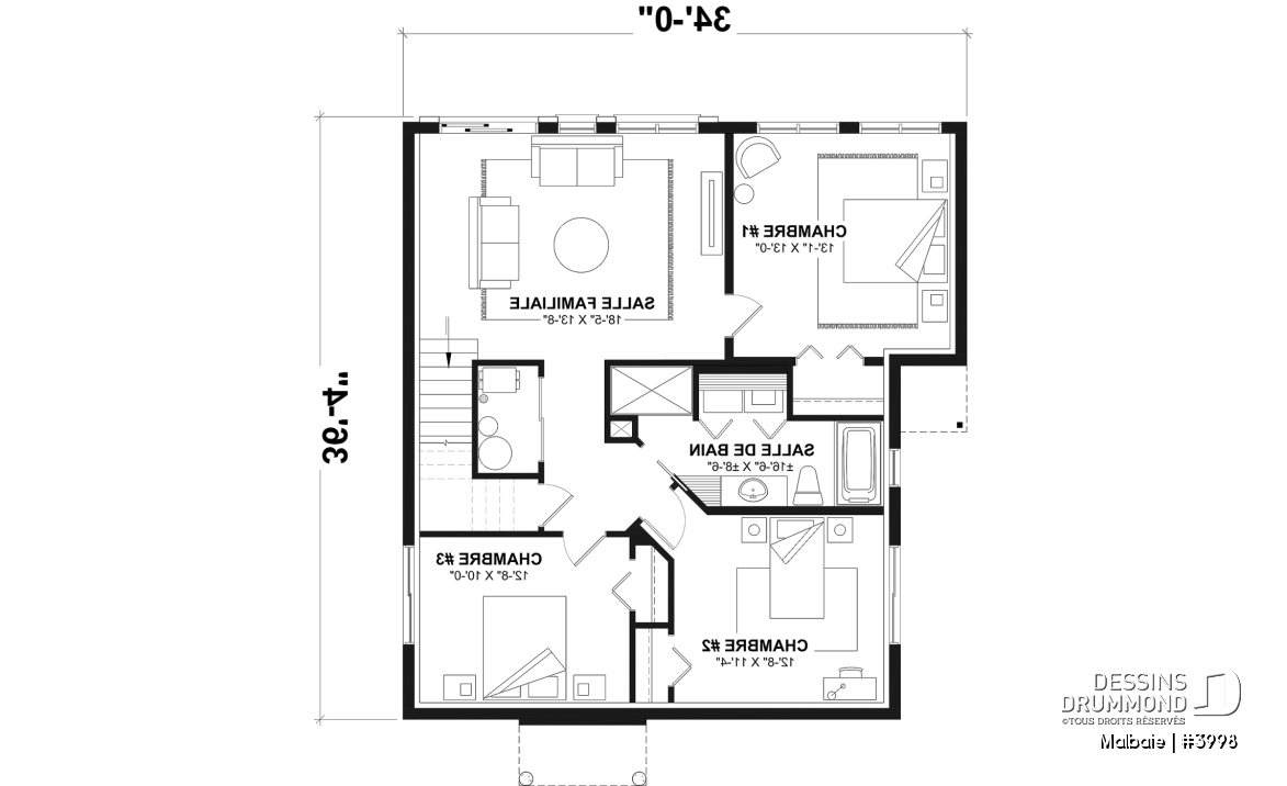 Sous-sol - Modèle genre chalet de ski, terrasse abritée, 3 chambres, 2 s. bain, aire ouverte, rangement pour ski - Malbaie