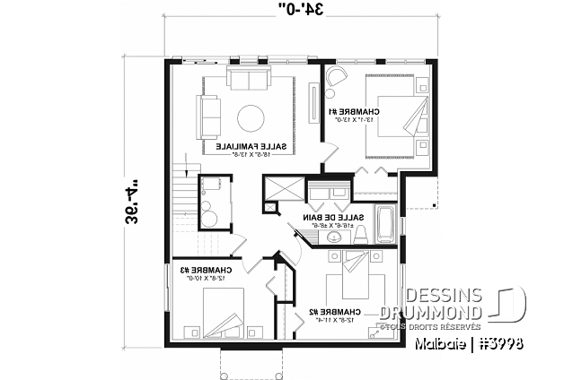 Sous-sol du plan de maison unifamiliale 3998 Sous-sol - Modèle genre chalet de ski, terrasse abritée, 3 chambres, 2 s. bain, aire ouverte, rangement pour ski - Malbaie