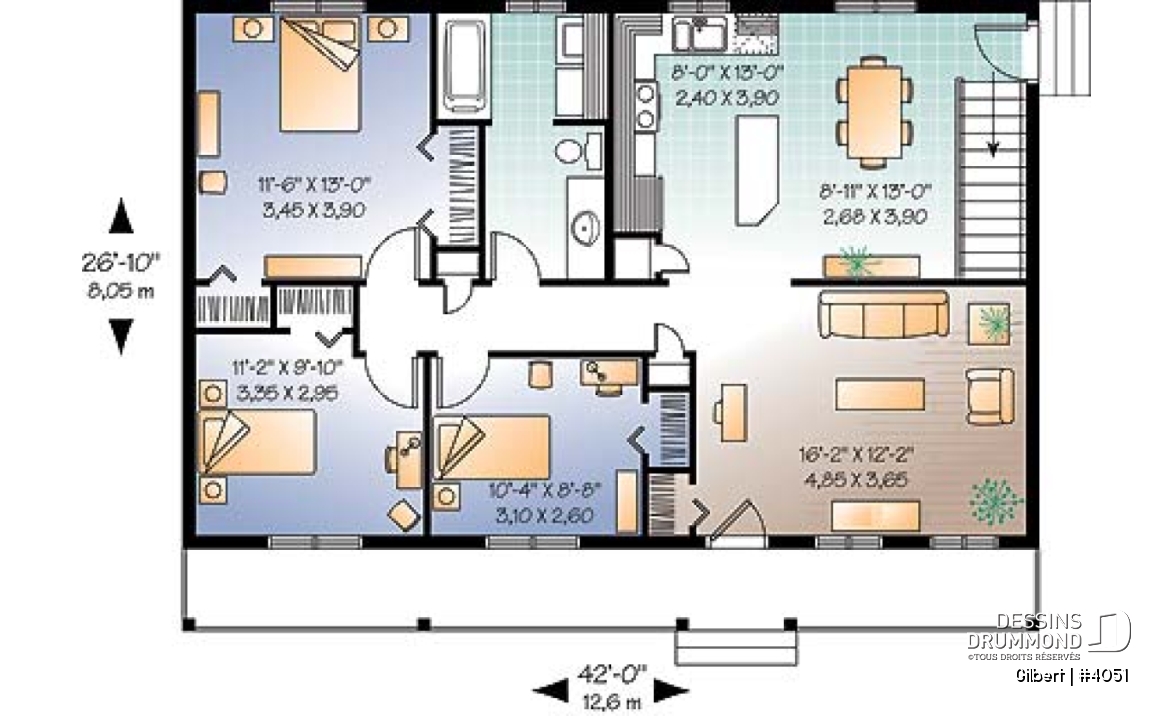 Rez-de-chaussée - Plan de bungalow abordable, 3 chambres au rez-de-chaussée, grande salle de séjour, coin buanderie au rdc. - Gilbert