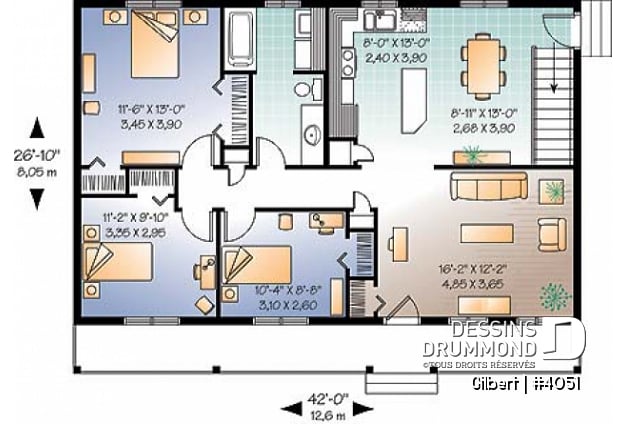Rez-de-chaussée - Plan de bungalow abordable, 3 chambres au rez-de-chaussée, grande salle de séjour, coin buanderie au rdc. - Gilbert