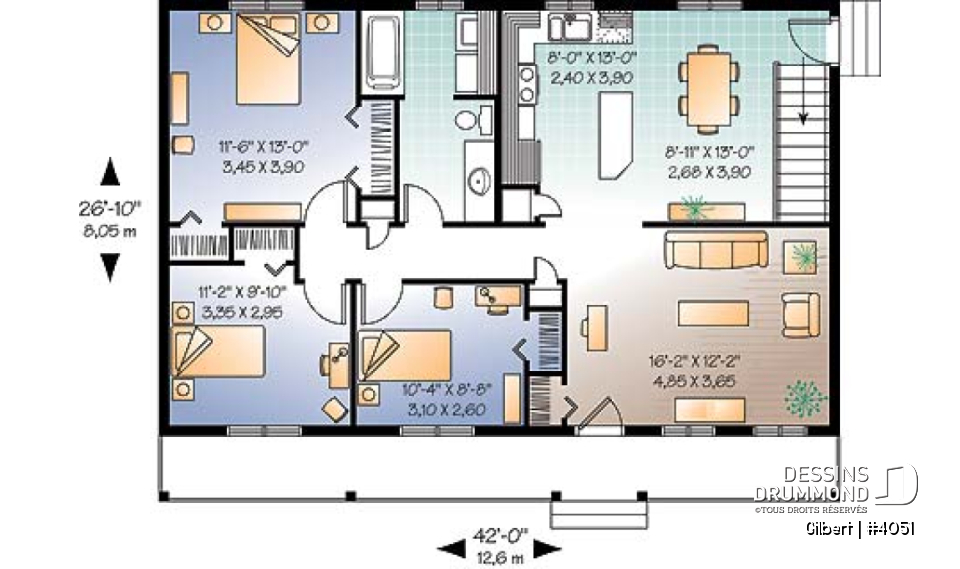 Rez-de-chaussée - Plan de bungalow abordable, 3 chambres au rez-de-chaussée, grande salle de séjour, coin buanderie au rdc. - Gilbert