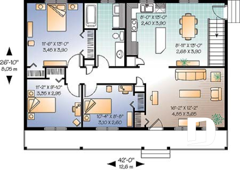 Rez-de-chaussée - Plan de bungalow abordable, 3 chambres au rez-de-chaussée, grande salle de séjour, coin buanderie au rdc. - Gilbert