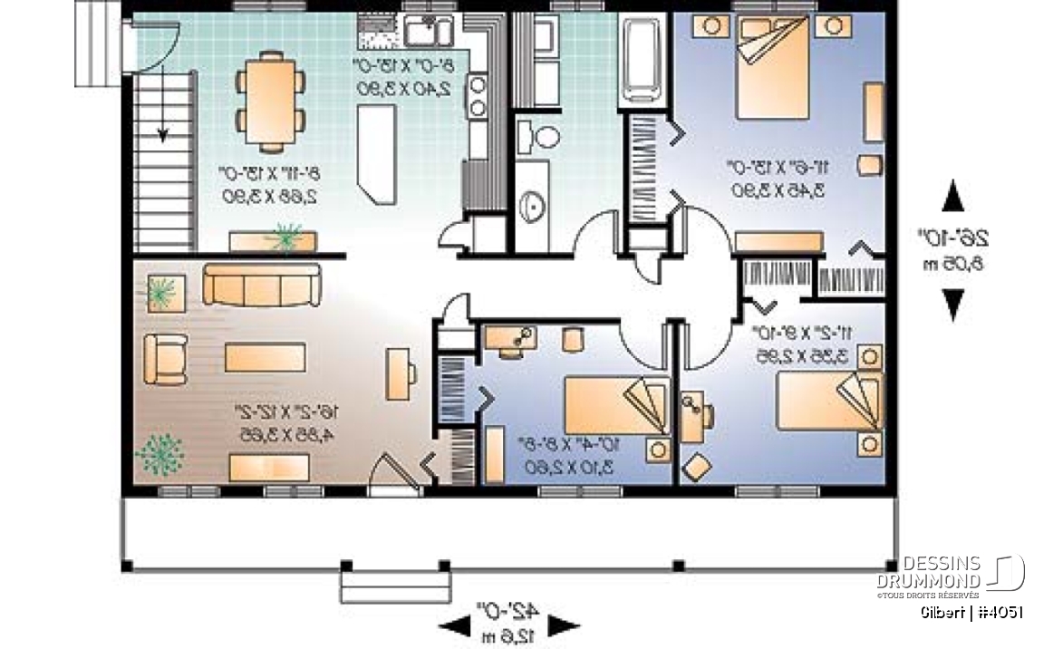 Rez-de-chaussée - Plan de bungalow abordable, 3 chambres au rez-de-chaussée, grande salle de séjour, coin buanderie au rdc. - Gilbert