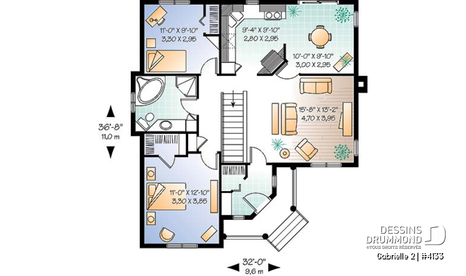 Rez-de-chaussée - Plan de bungalow champêtre, très abordable, 2 chambres, entrée confortable - Gabrielle 2