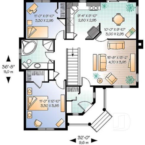 Rez-de-chaussée - Plan de bungalow champêtre, très abordable, 2 chambres, entrée confortable - Gabrielle 2