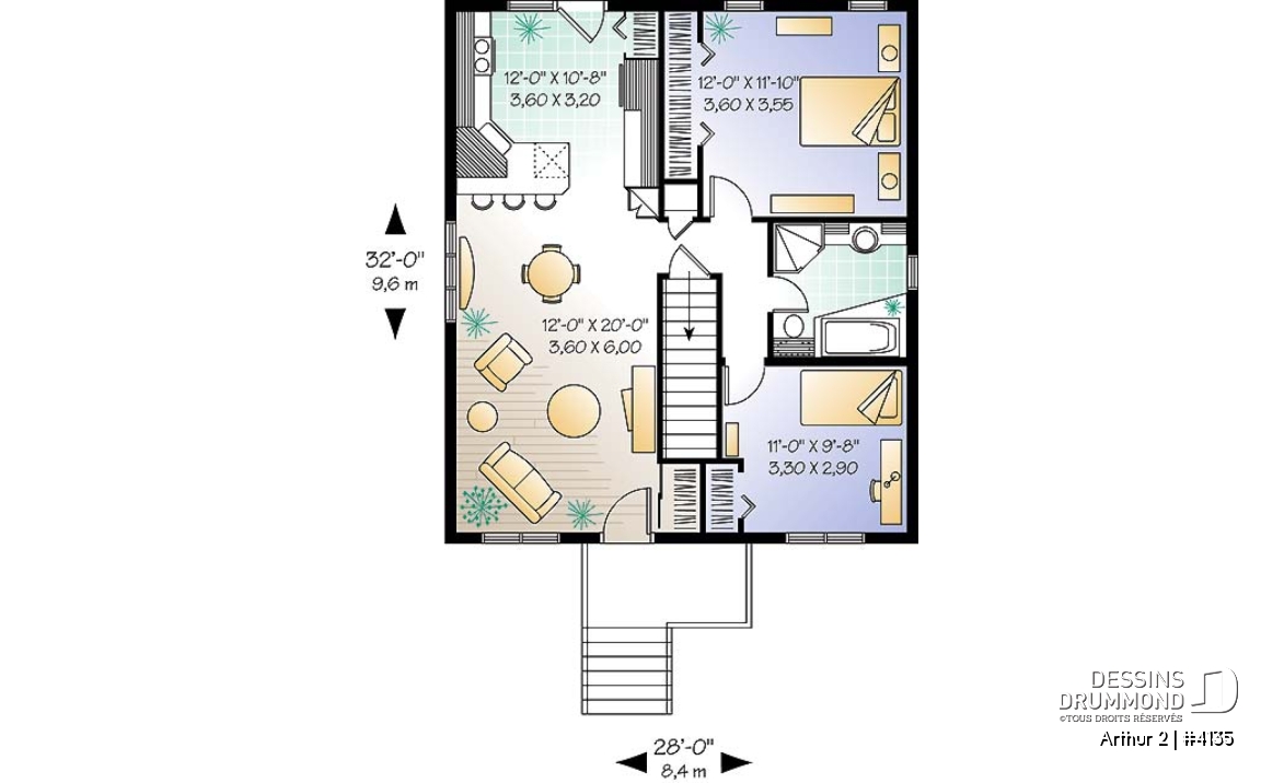 Rez-de-chaussée - Plan de bungalow très économique, 2 grandes chambres, cuisine fonctionnelle, sous-sol sorti de terre - Arthur 2