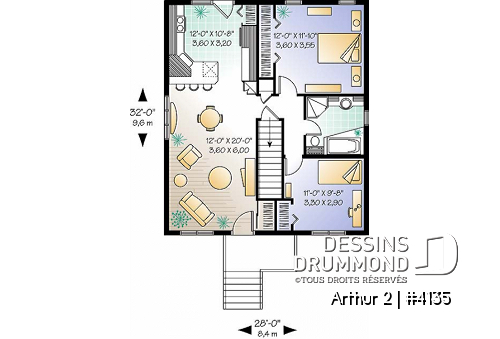 Rez-de-chaussée - Plan de bungalow très économique, 2 grandes chambres, cuisine fonctionnelle, sous-sol sorti de terre - Arthur 2