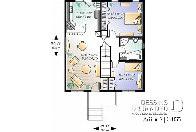 Rez-de-chaussée - Plan de bungalow très économique, 2 grandes chambres, cuisine fonctionnelle, sous-sol sorti de terre - Arthur 2
