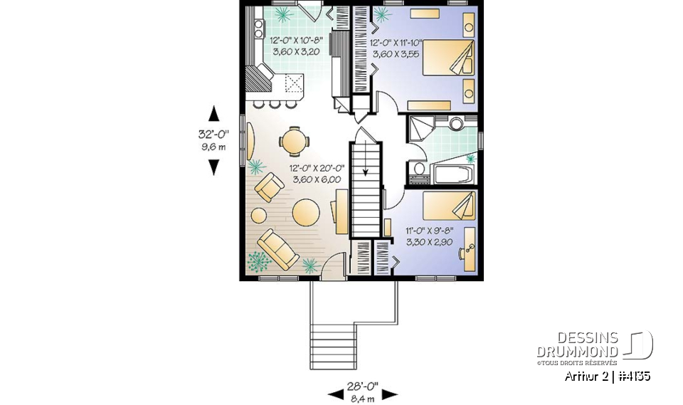 Rez-de-chaussée - Plan de bungalow très économique, 2 grandes chambres, cuisine fonctionnelle, sous-sol sorti de terre - Arthur 2