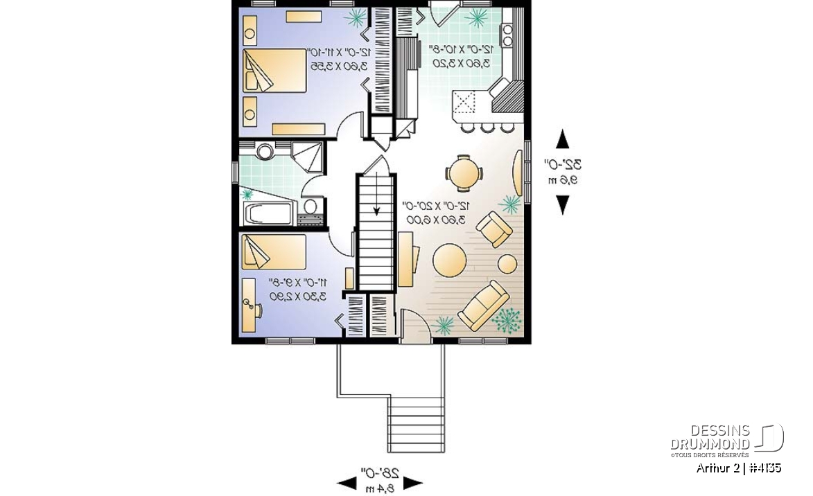Rez-de-chaussée - Plan de bungalow très économique, 2 grandes chambres, cuisine fonctionnelle, sous-sol sorti de terre - Arthur 2