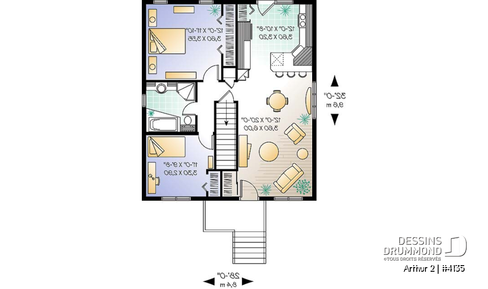 Rez-de-chaussée - Plan de bungalow très économique, 2 grandes chambres, cuisine fonctionnelle, sous-sol sorti de terre - Arthur 2