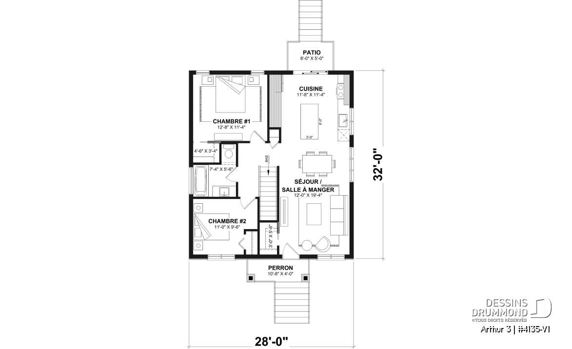 Rez-de-chaussée - Plan de maison économique, farmhouse moderne, jusqu'à 5 chambres, sous-sol aménageable, aire ouverte - Arthur 3