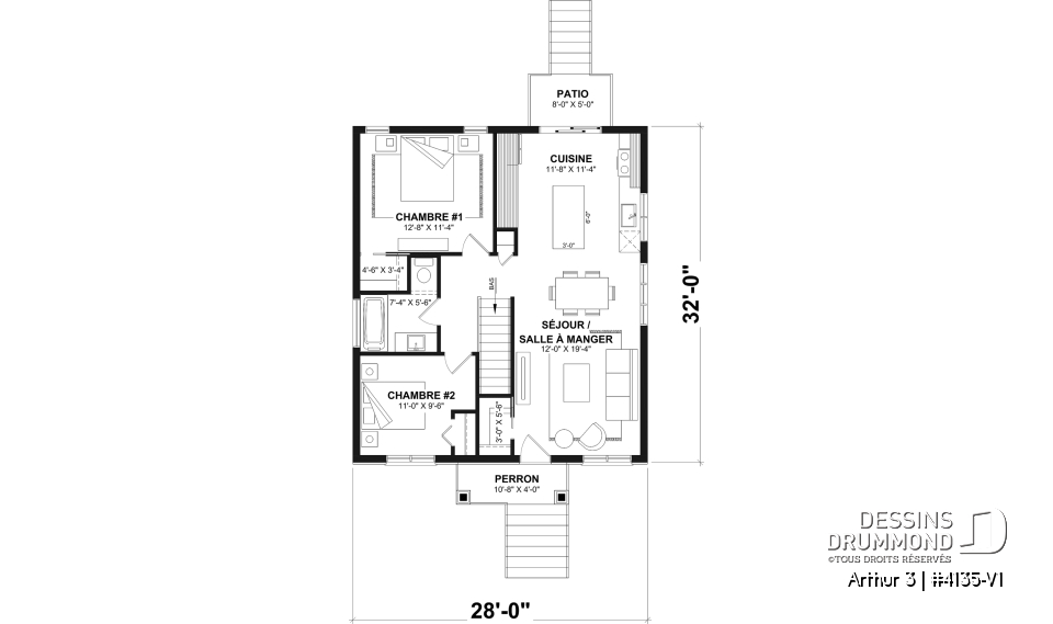 Rez-de-chaussée - Plan de maison économique, farmhouse moderne, jusqu'à 5 chambres, sous-sol aménageable, aire ouverte - Arthur 3