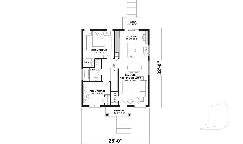 Rez-de-chaussée - Plan de maison économique, farmhouse moderne, jusqu'à 5 chambres, sous-sol aménageable, aire ouverte - Arthur 3