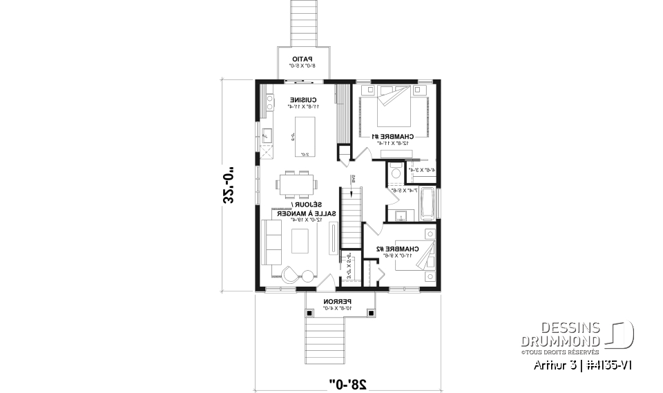 Rez-de-chaussée - Plan de maison économique, farmhouse moderne, jusqu'à 5 chambres, sous-sol aménageable, aire ouverte - Arthur 3