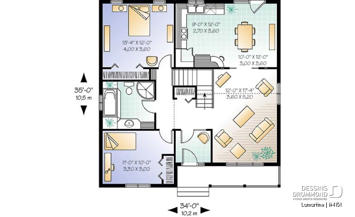 Rez-de-chaussée - Plan de petit bungalow abordable de 2 chambres avec plafond cathédrale, et style campagne - Lamartine
