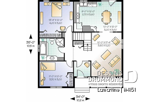 Rez-de-chaussée - Plan de petit bungalow abordable de 2 chambres avec plafond cathédrale, et style campagne - Lamartine