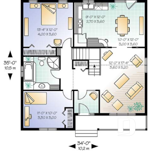 Rez-de-chaussée - Plan de petit bungalow abordable de 2 chambres avec plafond cathédrale, et style campagne - Lamartine